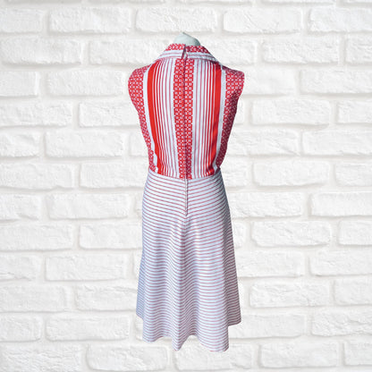 Vintage red and white open collar geometric and striped midi dress. Approx UK size 8- 10