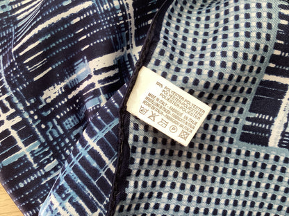 Blue and White Geometric Print Silky Square Vintage Scarf. Great Gift idea