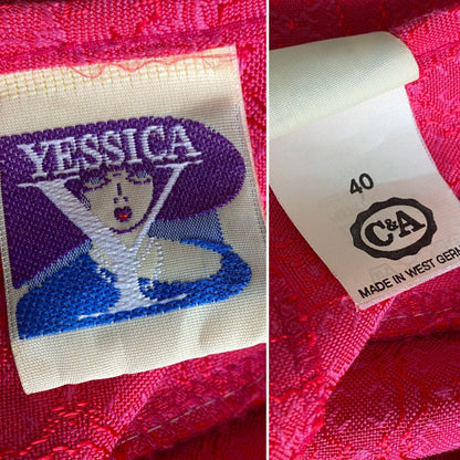 80s bright pink brocade dress with stiff white embroidery anglaise underskirt. Approx UK size 12-14