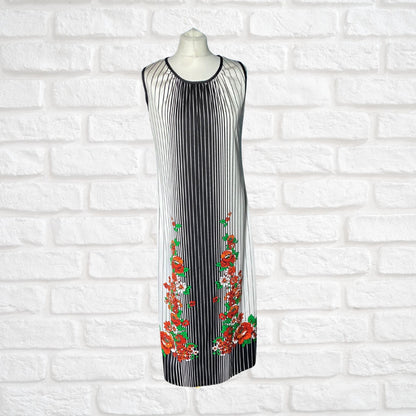 70s Monochrome Striped Vintage Maxi Dress with Vibrant Floral Detail. Approx UK size 10-12