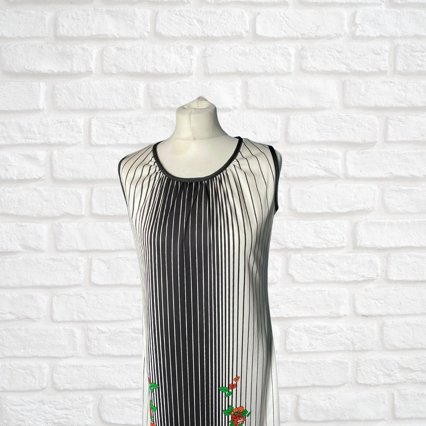 70s Monochrome Striped Vintage Maxi Dress with Vibrant Floral Detail. Approx UK size 10-12