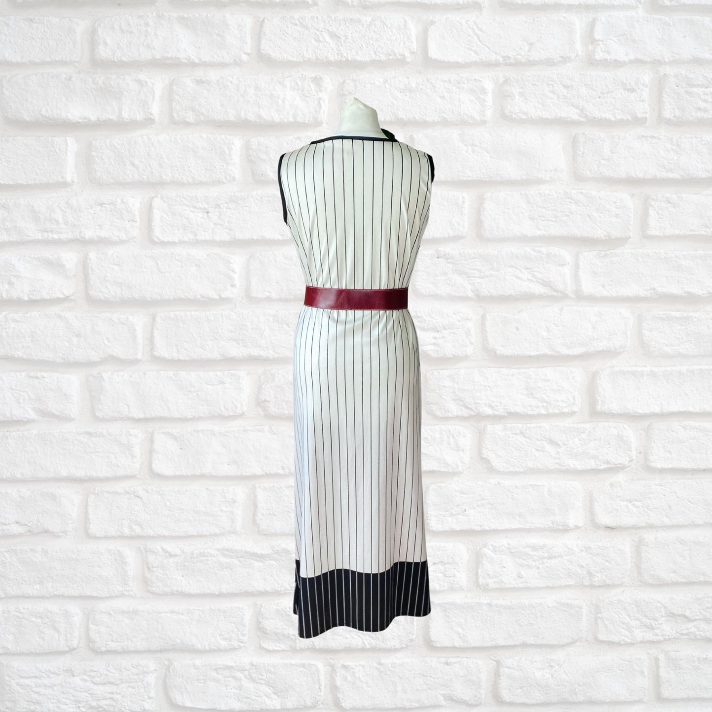 70s Monochrome Striped Vintage Maxi Dress with Vibrant Floral Detail. Approx UK size 10-12