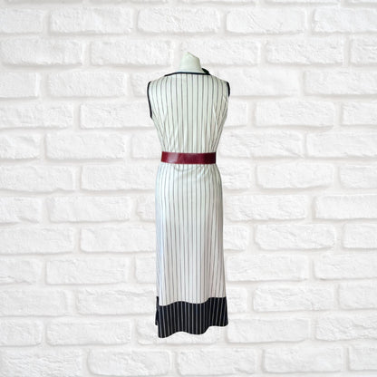 70s Monochrome Striped Vintage Maxi Dress with Vibrant Floral Detail. Approx UK size 10-12