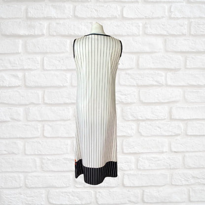 70s Monochrome Striped Vintage Maxi Dress with Vibrant Floral Detail. Approx UK size 10-12