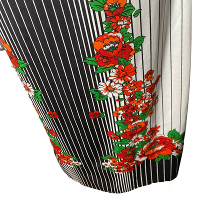 70s Monochrome Striped Vintage Maxi Dress with Vibrant Floral Detail. Approx UK size 10-12