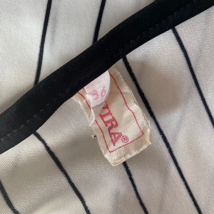 70s Monochrome Striped Vintage Maxi Dress with Vibrant Floral Detail. Approx UK size 10-12