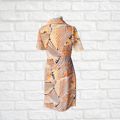 1970s Orange, Grey, and White Abstract Print Midi Dress - Vintage Shirt Waister Style. Approx UK size 14-16