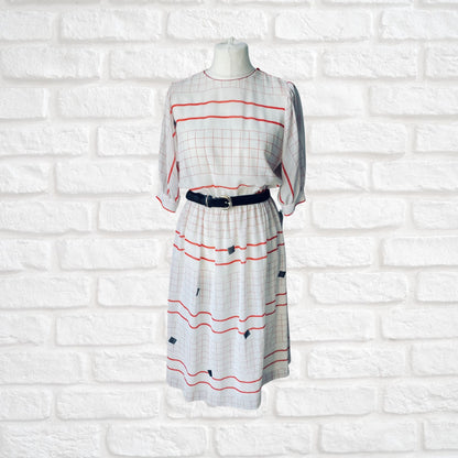 80s white, red and black geometric print lightweight Summer vintage midi dress. Approx UK size 14-16