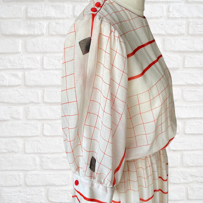 80s white, red and black geometric print lightweight Summer vintage midi dress. Approx UK size 14-16