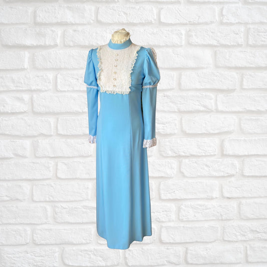 70s Edwardian Style Blue Prairie Dress with White Lace Bodice | Handmade Cottage Core Vintage Maxi Dress Approx U.K. size 10-12