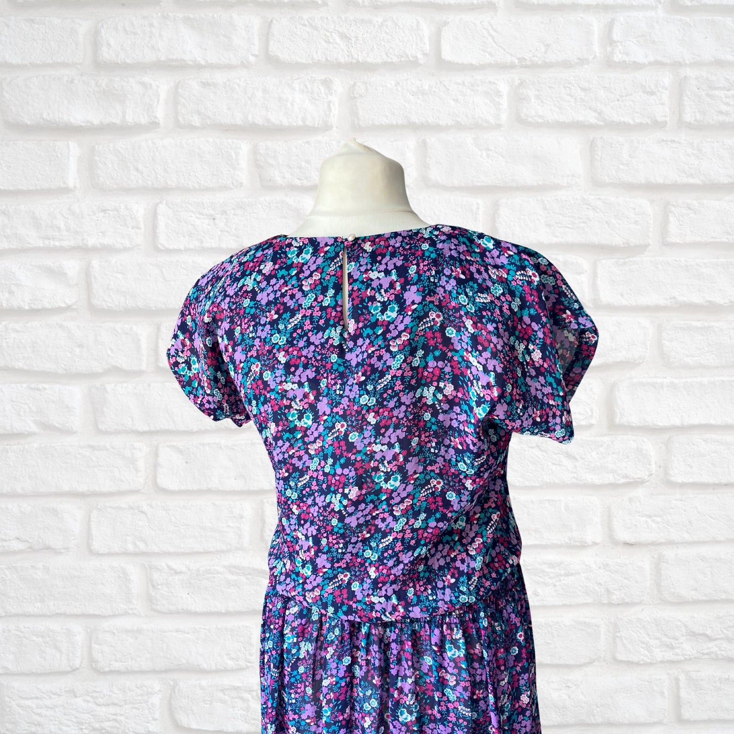 Vintage 80s Floral Blouson Tea Dress - Made in USA, Patty O'Neil. Approx UK size 14-16