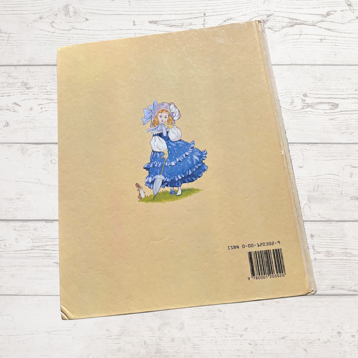 Book with a illustration of a girl in a blue dress on the cover, placed on a wooden surface.