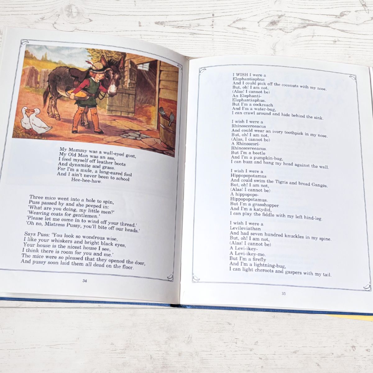 An open children's book spread on a white wood surface, showing a colorful illustration of a horse and rider on the left page and a poem with numbered stanzas on the right page.