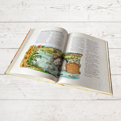 Open book with illustrations and text on a wooden surface