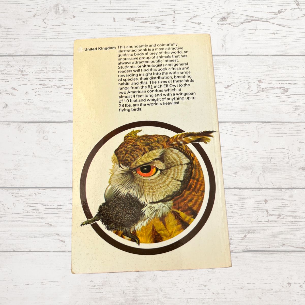 A vintage illustrated book or booklet cover featuring a large owl illustration with text at the top, photographed on a whitewashed wooden surface.