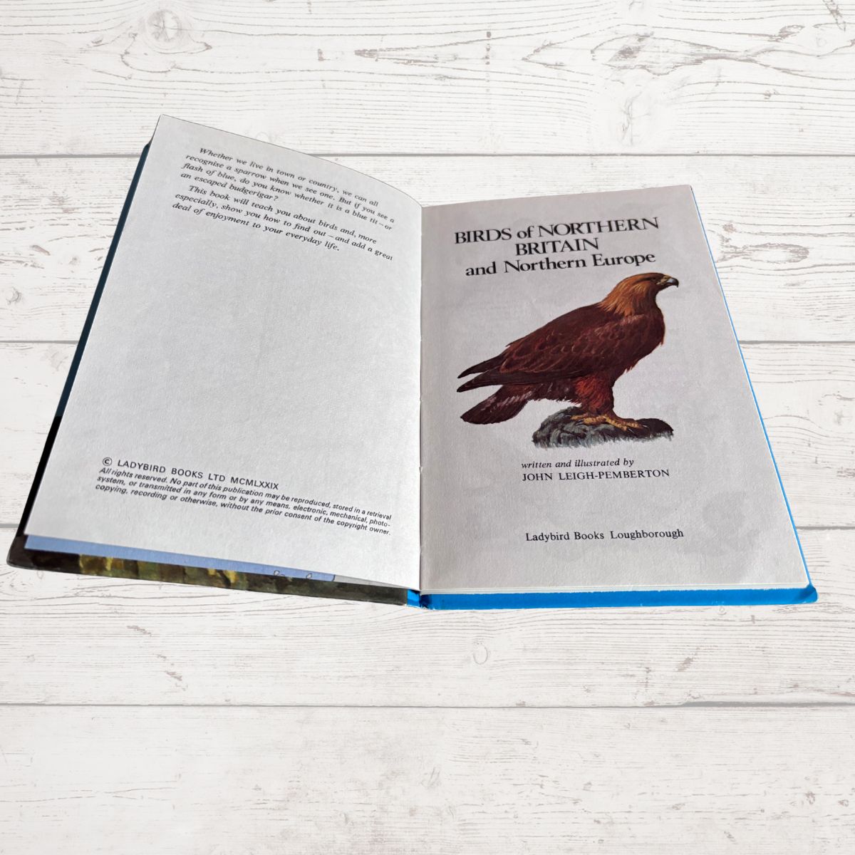 An open hardcover book titled 'Birds of Northern Britain and Northern Europe' with a brown bird illustration on the right page, photographed on a white wood surface.