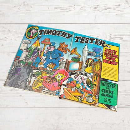 Vintage comic book cover with colorful illustrations and text on a wooden surface