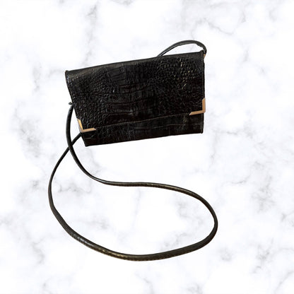 Vintage 80s Black Leather Envelope Bag with Cross Body Strap. Perfect for Nights Out/ Festivals