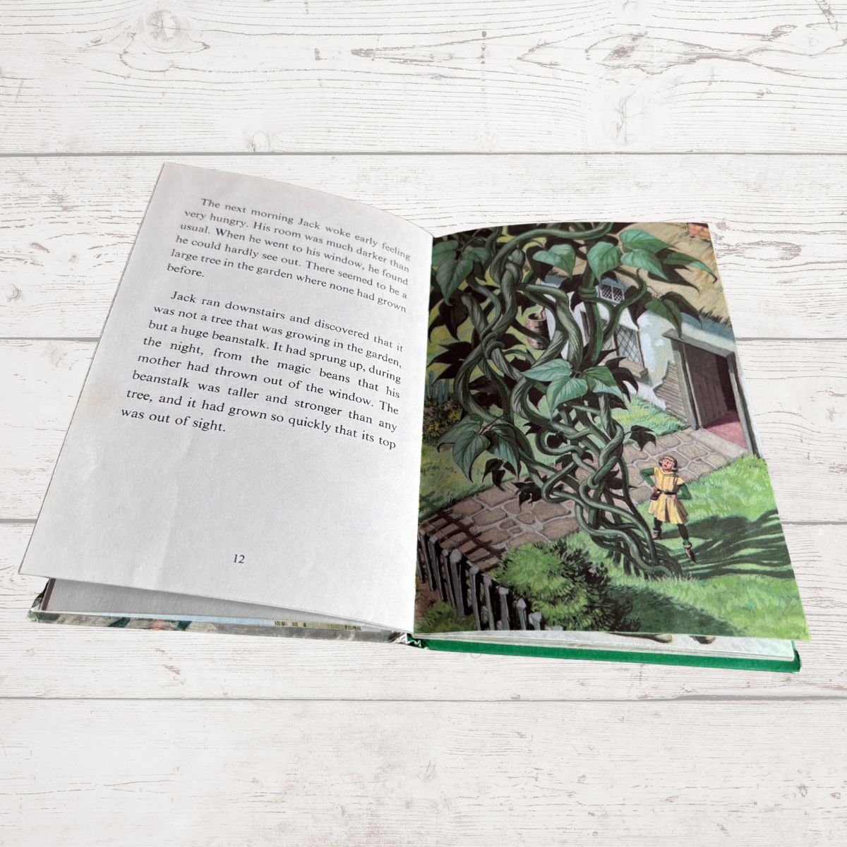 An open children's book lying on a white wood surface, showing a printed story page with text on the left and an illustrated garden scene on the right.