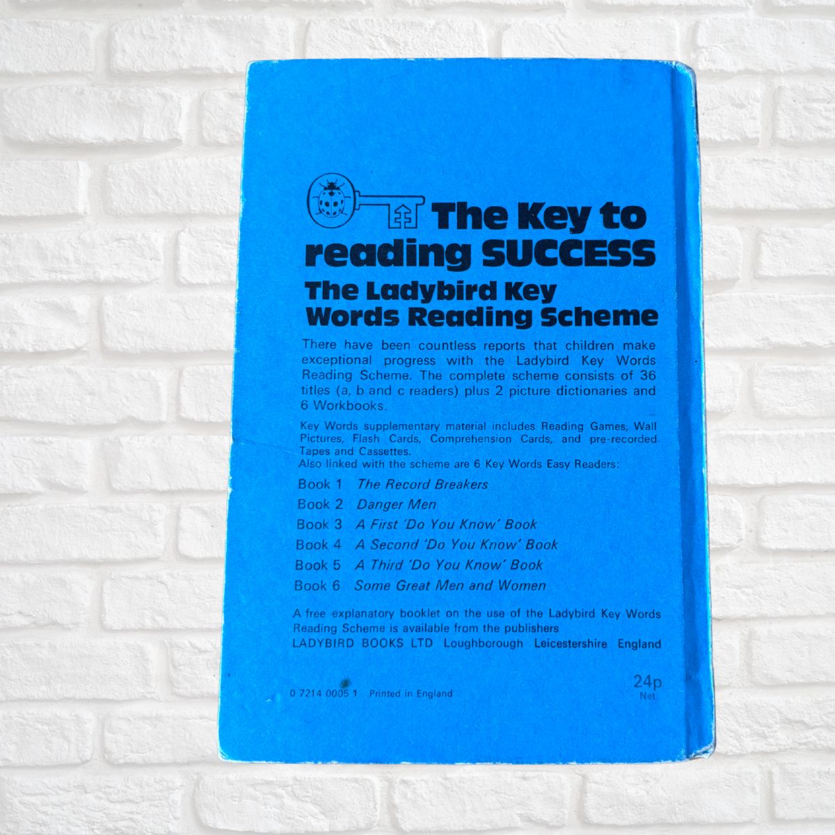 Blue book titled 'The Key to Reading SUCCESS' on a white brick background