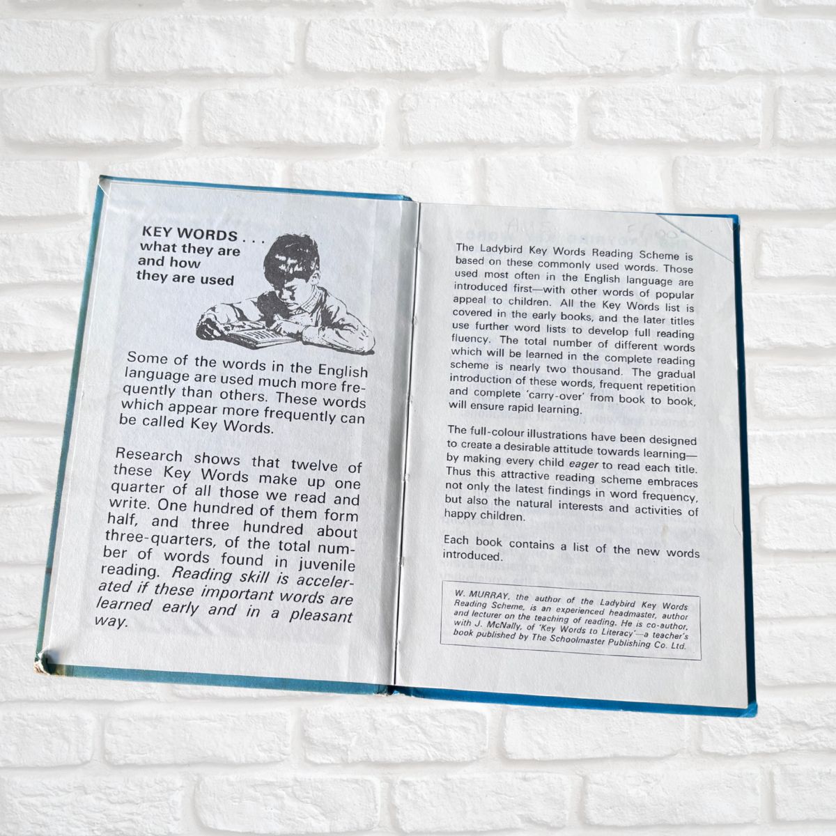 Open book with text and a illustration of a child on a white brick wall background