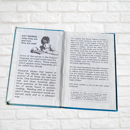 Open book with text and a illustration of a child on a white brick wall background