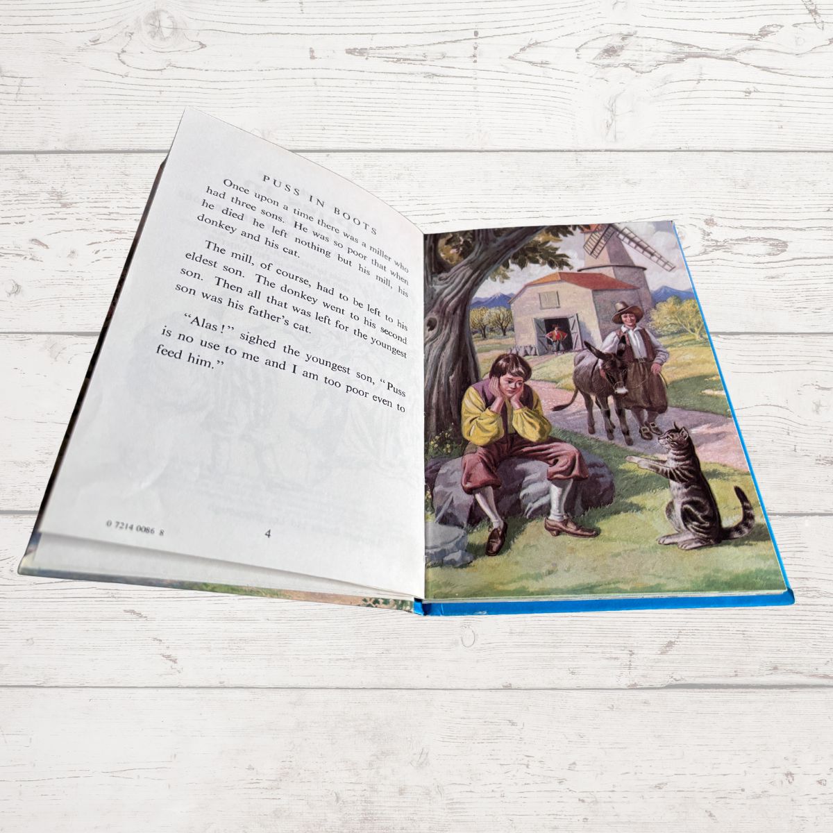 An open children's book lying flat on a white wood surface, showing printed text on the left page and a colorful illustrated scene on the right page with a boy, cat, horse, and windmill.