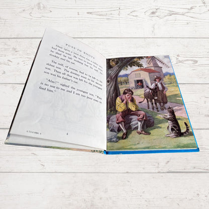 An open children's book lying flat on a white wood surface, showing printed text on the left page and a colorful illustrated scene on the right page with a boy, cat, horse, and windmill.