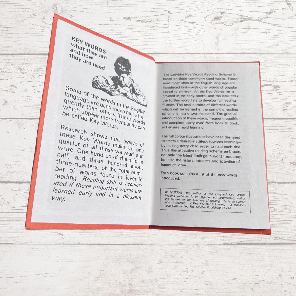 Open book with text and illustrations on a light wooden surface