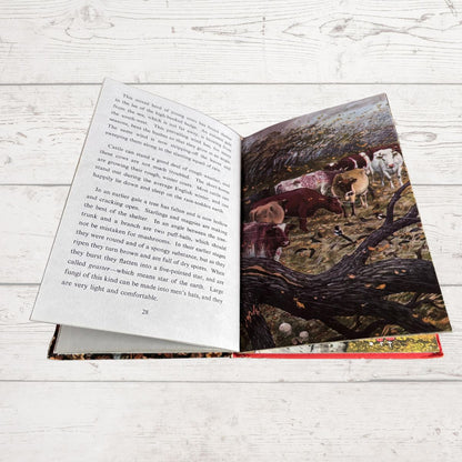 An open hardcover book lying flat on a white wood surface, showing printed text on the left page and a detailed illustration on the right page of animals in a forest.
