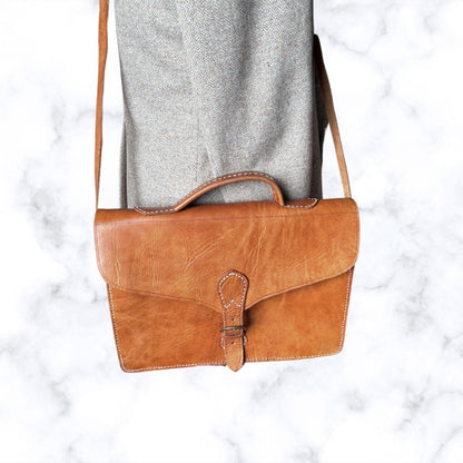 Classic Vintage Large Tan Leather Unisex Satchel with Buckle Front