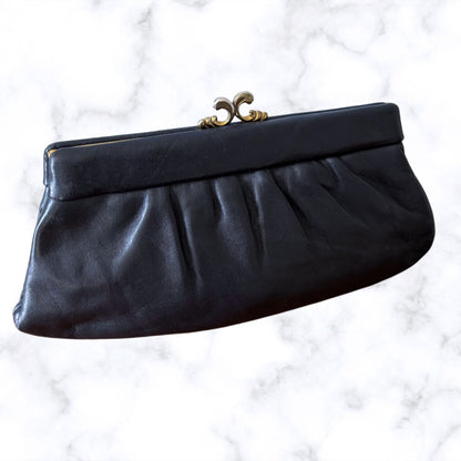 Vintage Dark Blue Leather Clutch Bag/Large Coin Purse