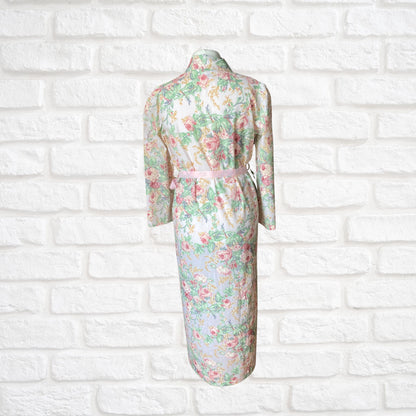 Full Length Pink Floral Vintage Robe with Ribbon Belt. Approx U.K. size 12-16
