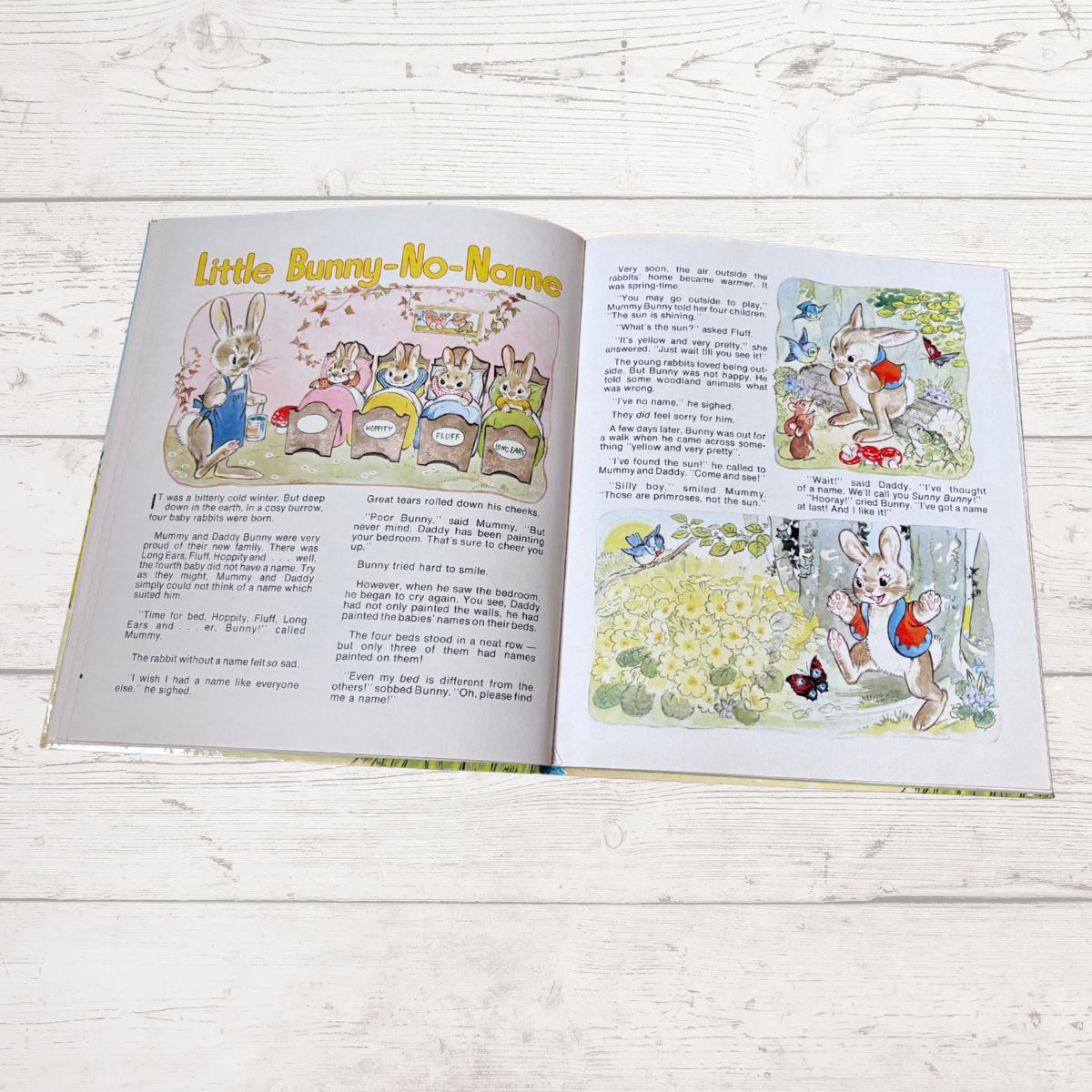 An open children's book titled 'Little Bunny-No-Name' laid flat on a white wood surface, showing illustrated bunny characters and text pages spread across both sides.