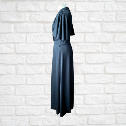 70s Black Maxi Dress with Short Angel Sleeves by Betty Barclay. Approx UK size 10-12