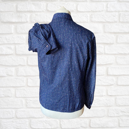 80s Blue Vintage Blouse with a Multicoloured Polka Dot and Striped Print. Approx U.K. size 12-16