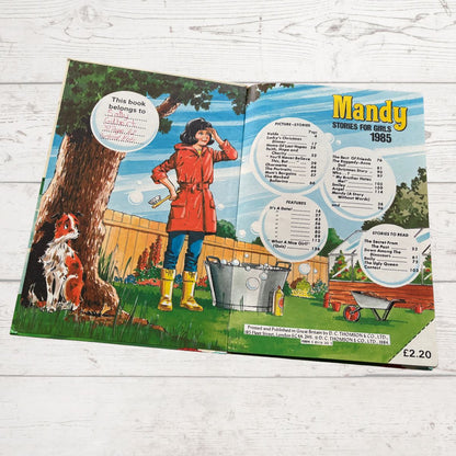 Mandy for Girls 1985 vintage annual open on the contents page on a white background 