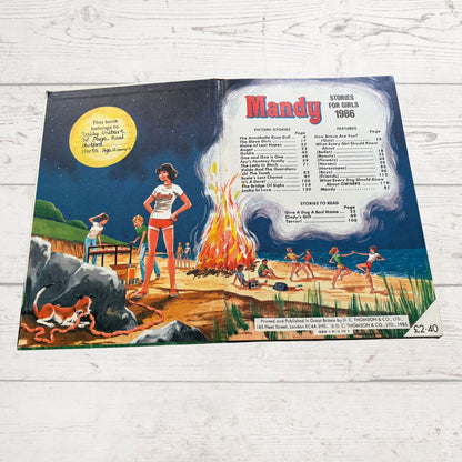 Vintage 1986 Mandy for Girls annual open on the contents page  on a white background 