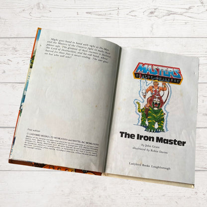 Open book with 'Masters of the Universe' Iron Master illustration on a light wooden surface