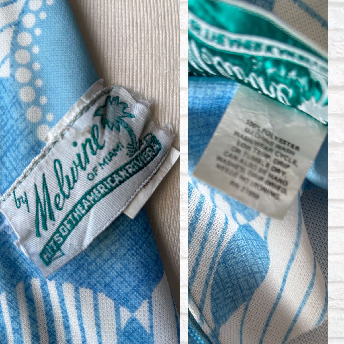 Close-up of fabric labels with brand names on a textured background