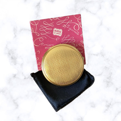 60s Gold Tone Boxed and Unused KIGU Powder Compact with Sifter, Pouch & Puff
