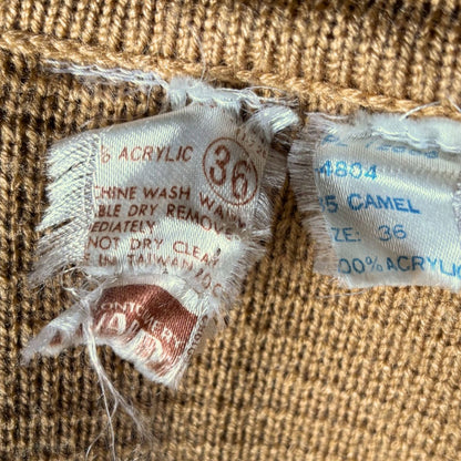 Close-up of fabric labels on a textured brown background