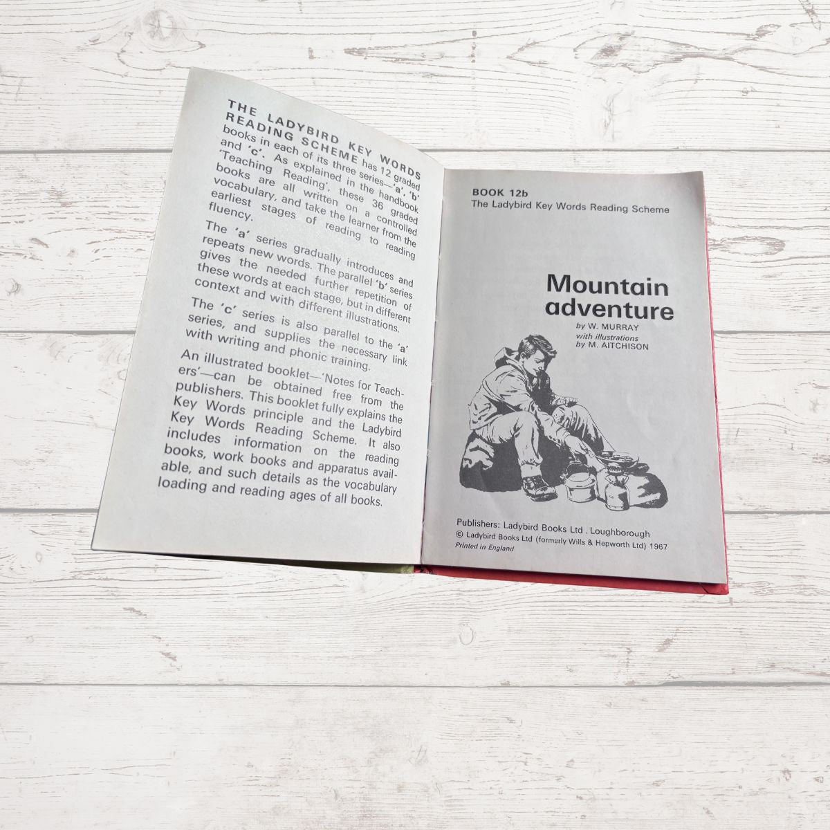 Open book titled 'Mountain Adventure' on a wooden surface