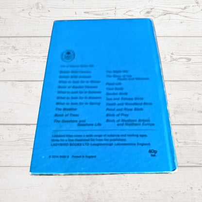 A blue hardcover book, likely a vintage children's or educational text book, photographed from above on a light-colored wooden surface
