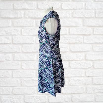 60s/70s Navy Blue Geometric Print A-Line Mini Dress. Approx UK size 10-12