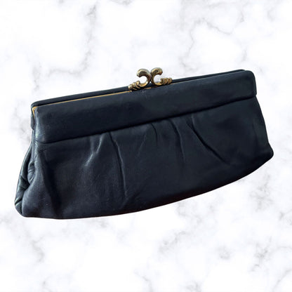 Vintage Dark Blue Leather Clutch Bag/Large Coin Purse