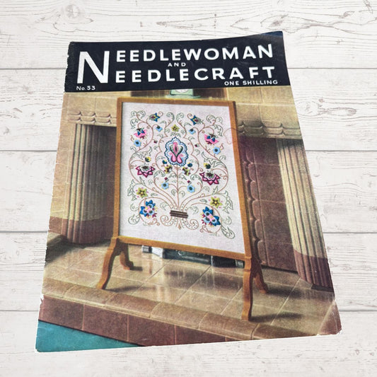 Magazine cover titled 'Needlewoman and Needlecraft' featuring an embroidery design on a wooden easel.