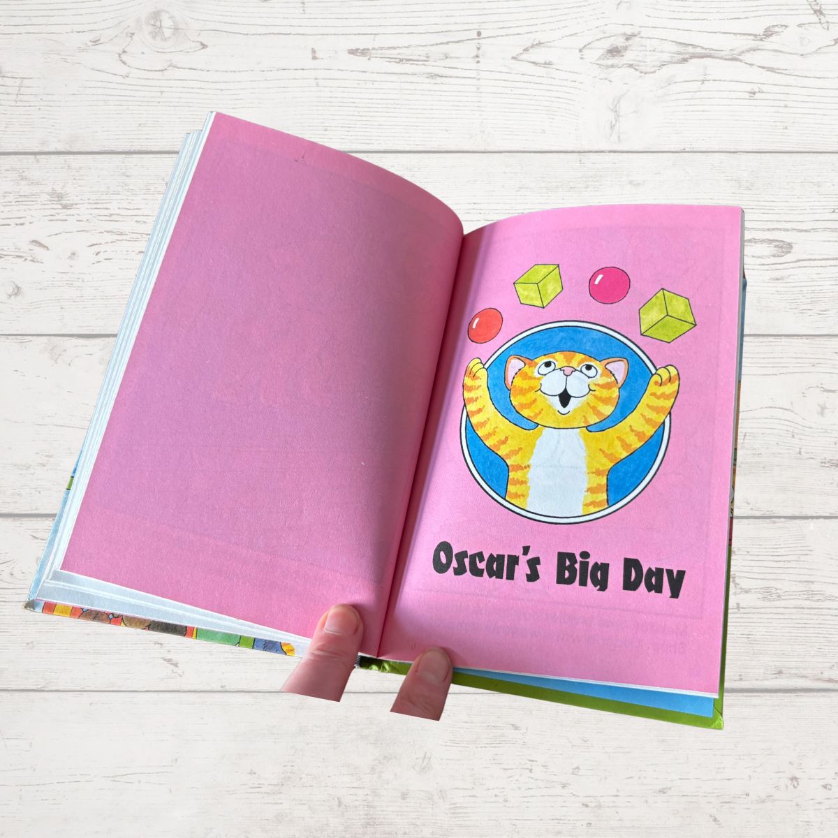 Open book with a pink page featuring a cartoon cat and 'Oscar's Big Day' text on a wooden surface.