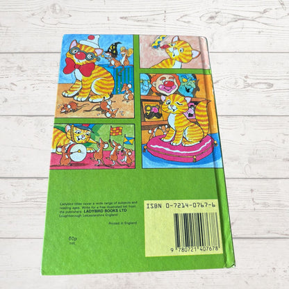 Back cover of a children's book with colorful illustrations on a wooden surface