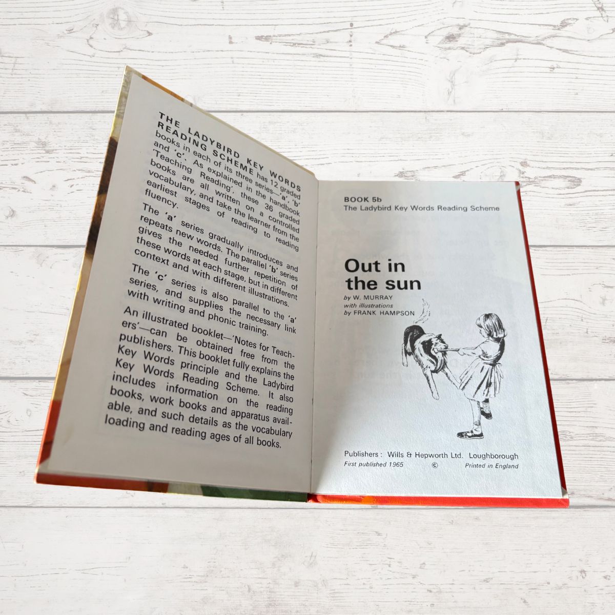 Open book with text and illustration on a wooden surface